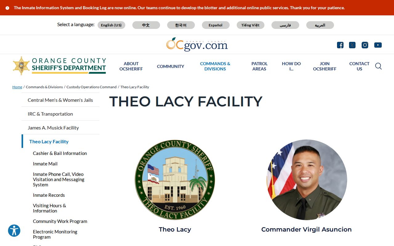 OCSD Theo Lacy Facility page for Orange County release and custody records