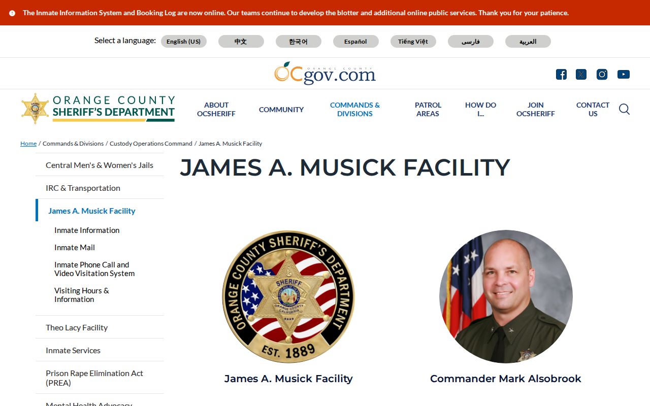 OCSD James A. Musick Facility page for Orange County jail release records