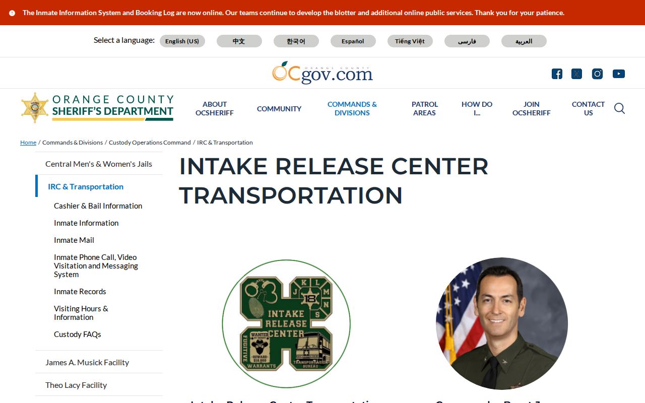 OCSD Intake Release Center and Transportation page for Orange County release processing