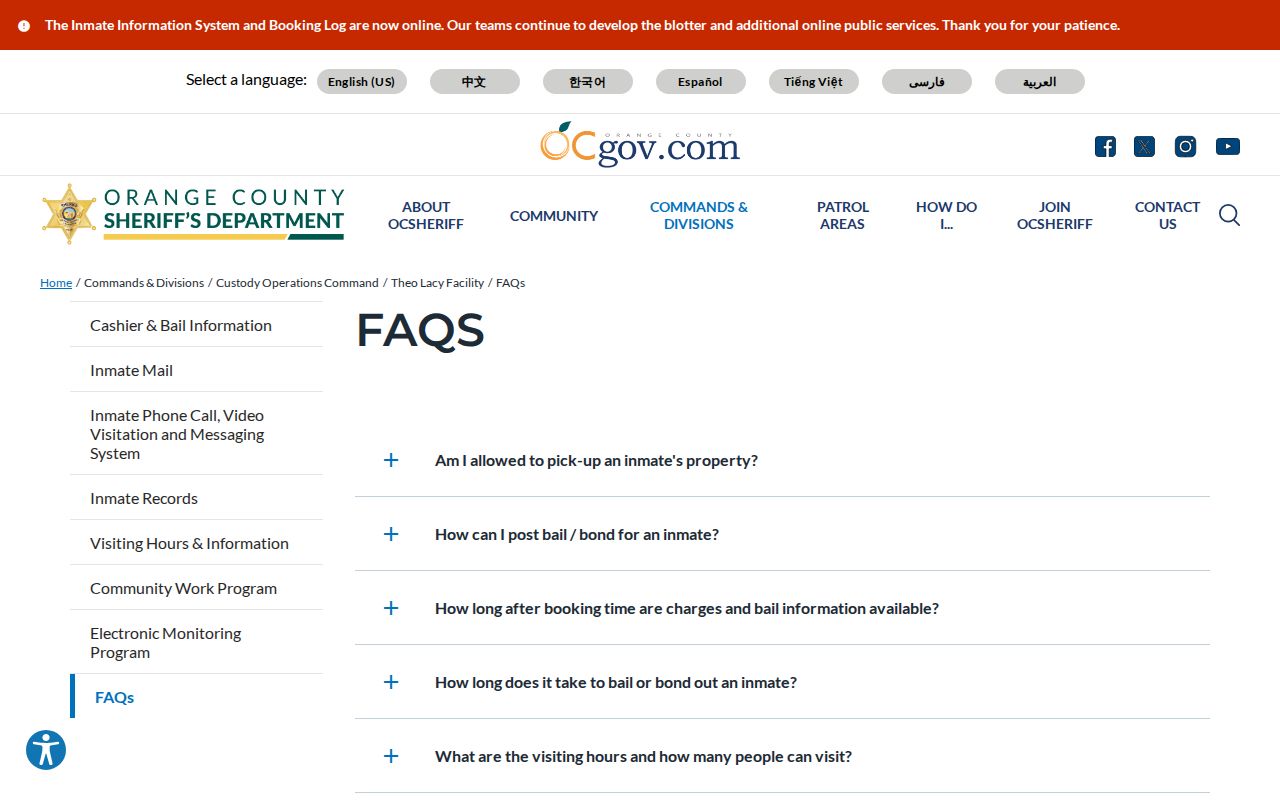 OCSD Theo Lacy Facility guidance covering release pickup, property, and bond timing
