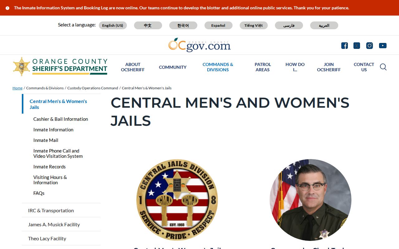 OCSD Central Men's and Women's Jails page for Central Women's Jail release information