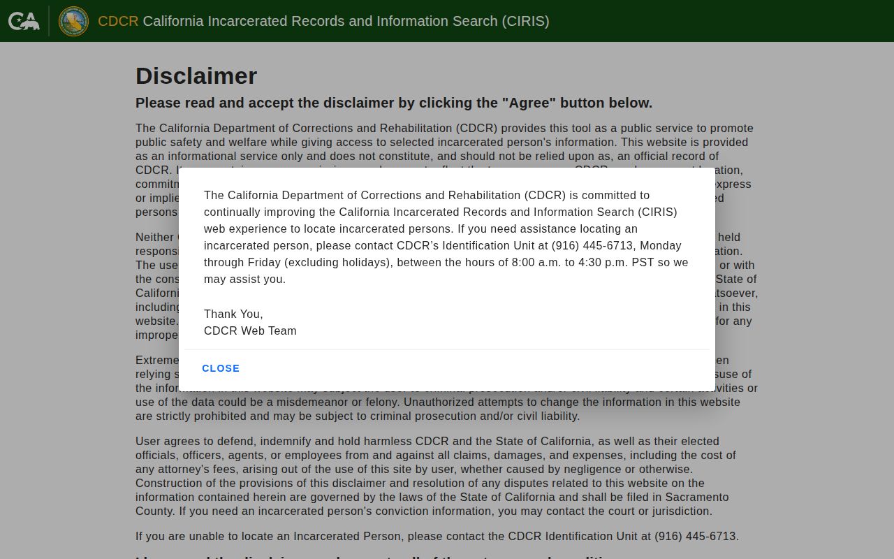 CDCR CIRIS search page for Orange County released state inmates